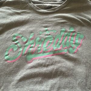 Gray Graphic Tee with Pink and Green Design